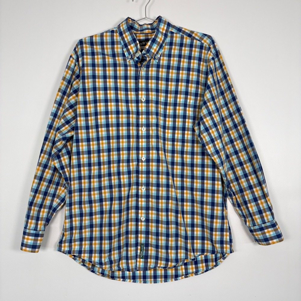 Orvis Mens Button Down Shirt Size L Blue Yellow Plaid Heritage Wash Cotton